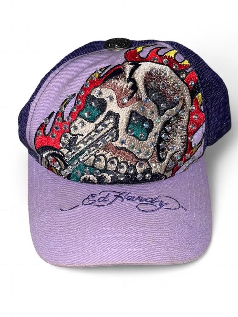Ed Hardy by Christian Audigier Purple Embroidered Rhinestones Skull Trucker Hat